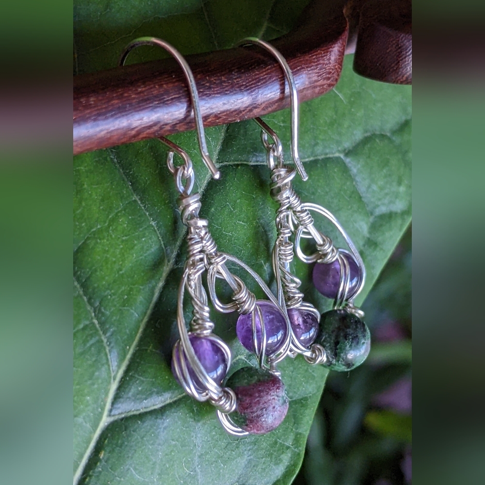 Artisanal Sterling Silver Earrings Amethyst And Ruby Zoisite Gemstones - Picture 9 of 11
